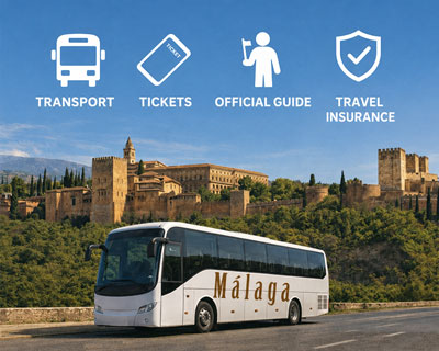 Besuchen Sie Granada ab Málaga inklusive Transfer und Alhambra-Tickets, Touren, Tagesausflug. Spezielle Gruppentarife. Costa del Sol, Marbella, Fuengirola, Estepona, Torremolinos, Mijas, Benalmádena